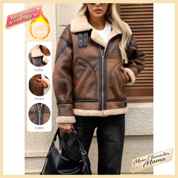 Faux Leather Sherpa Lined Bomber Jacket Aviator Style Winter Coat - Picture 2 of 7